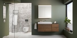 Das Badezimmer zeigt eine schlichte, grüne Wand, eine Glasdusche und eine minimalistische Einrichtung mit sanften Farben.