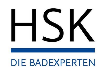 Das Logo von HSK, den Badexperten, zeigt klare, moderne Schriftzüge in Schwarz und Blau.
