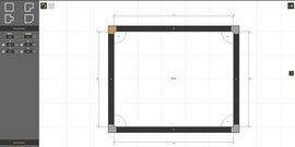 Der Plan illustriert einen rechteckigen Raum mit markierten Ecken und Abmessungen in Zentimetern für eine präzise Planung.